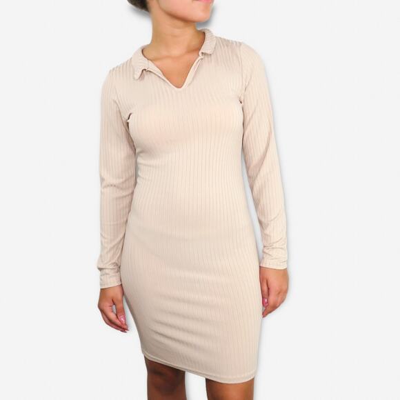 BooHoo Polo Collar Knit Mini Dress Ribbed Tan Long Sleeve Dress Size 6 - Picture 5 of 6